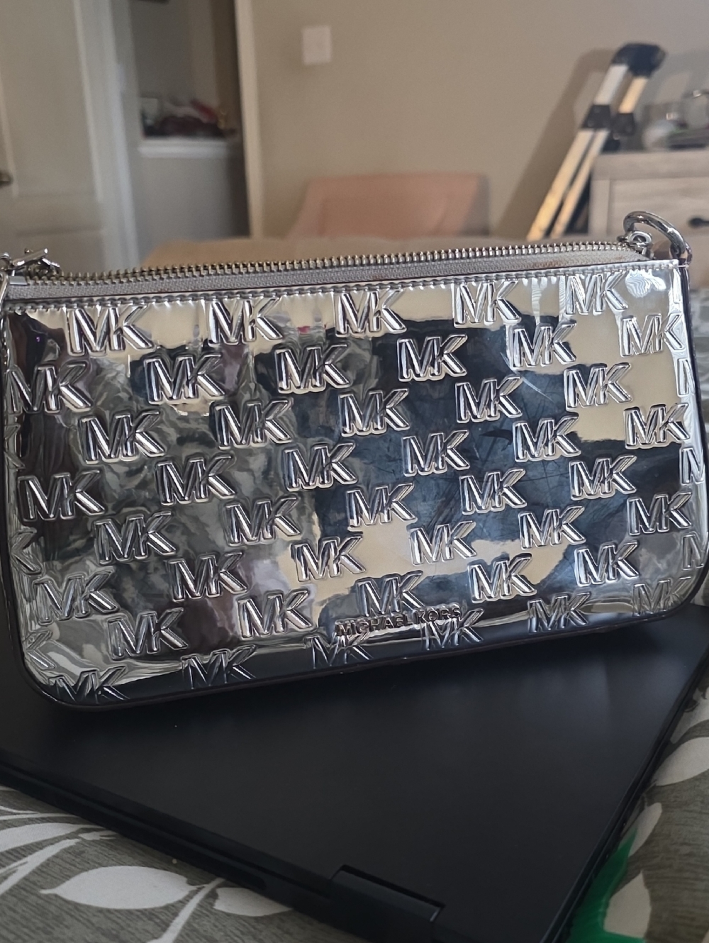 Michael Kors Silver Embossed MK Metallic Wristlet